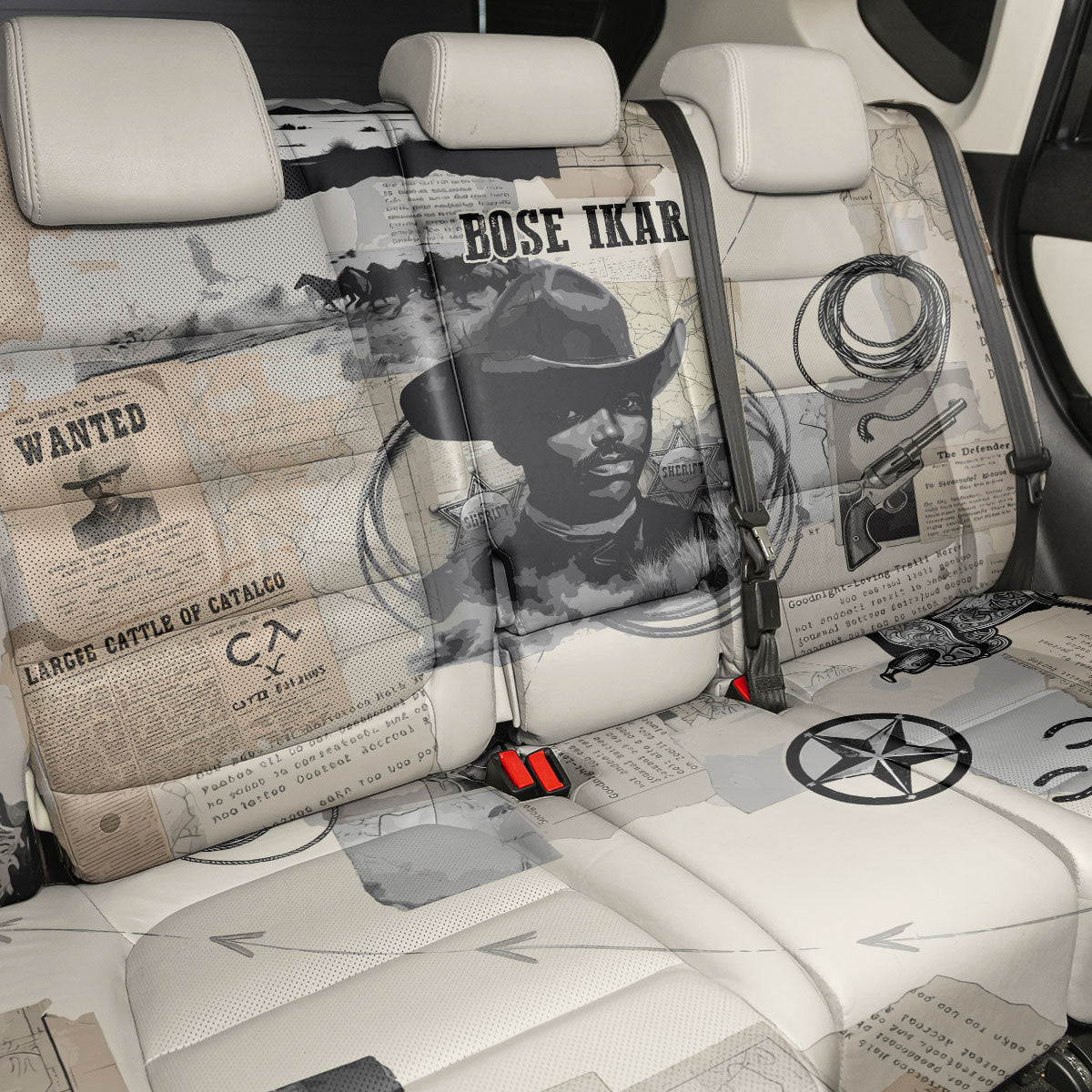 Bose Ikard Black Cowboy Back Car Seat Cover Vintage Newspaper Collage Old West African American History Art