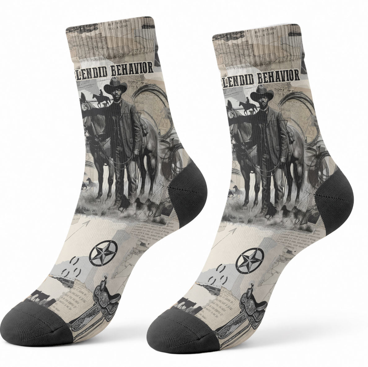 Bose Ikard Black Cowboy Crew Socks Vintage Newspaper Collage Old West African American History Art