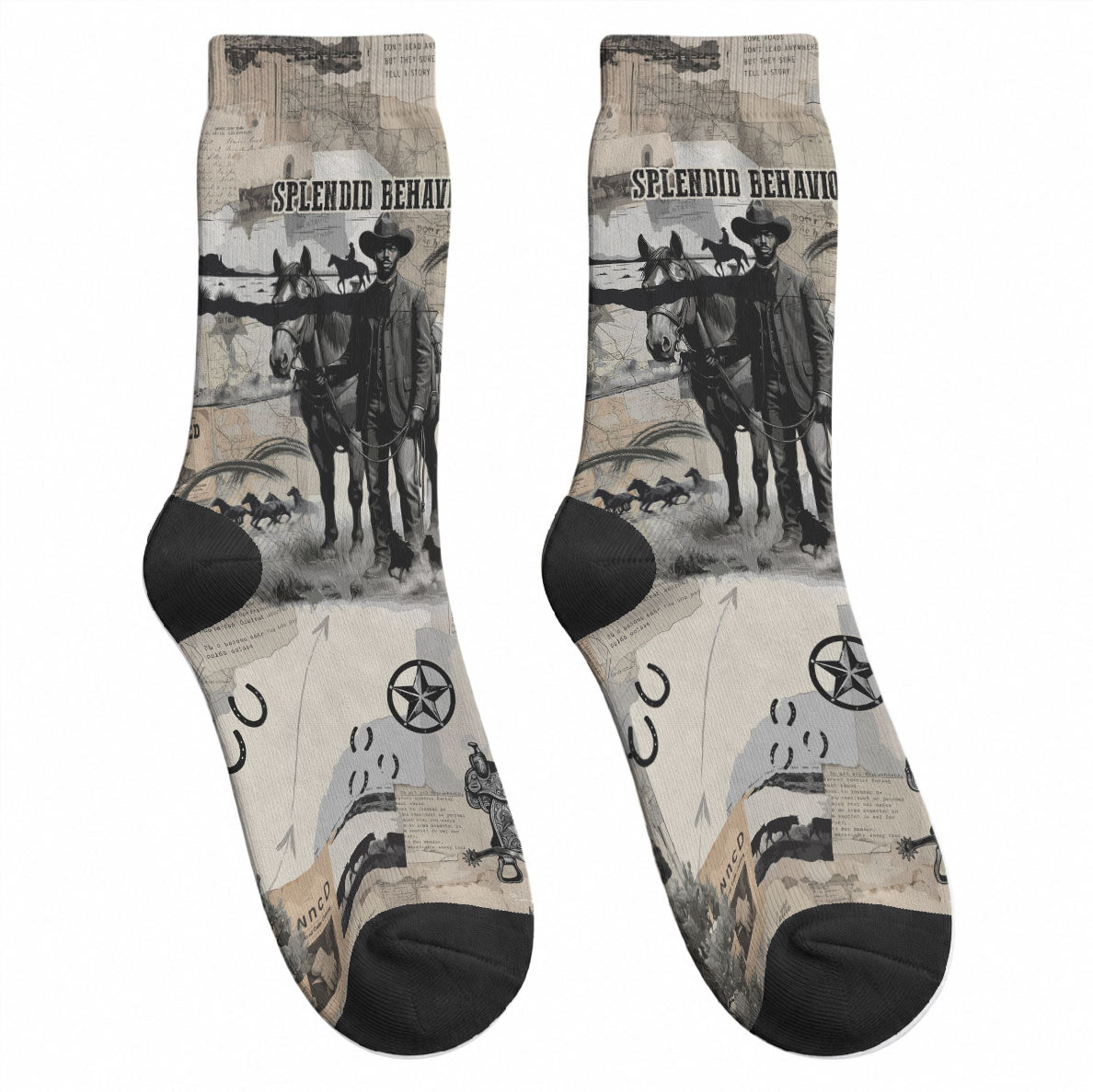Bose Ikard Black Cowboy Crew Socks Vintage Newspaper Collage Old West African American History Art