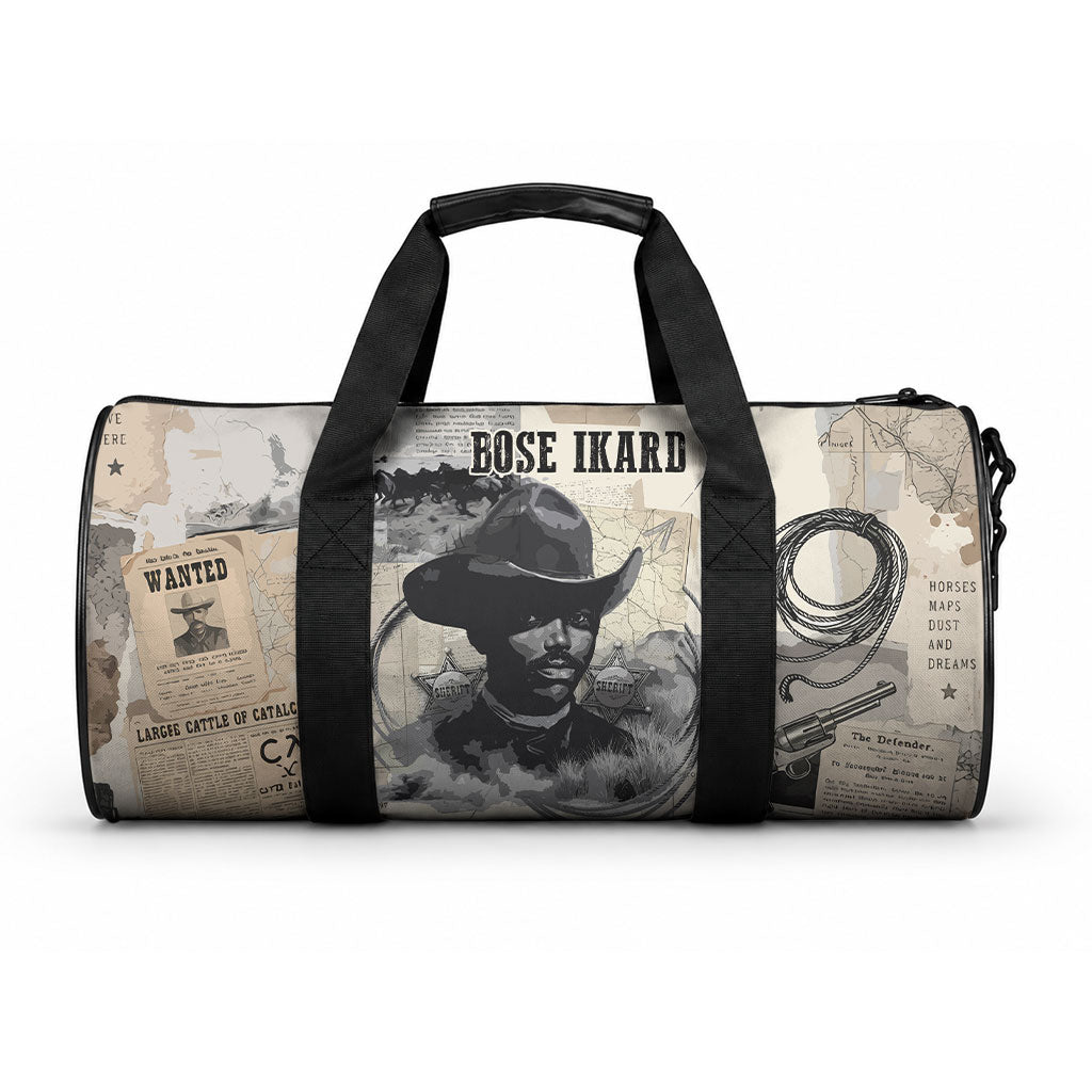 Bose Ikard Black Cowboy Duffle Bag Vintage Newspaper Collage Old West African American History Art