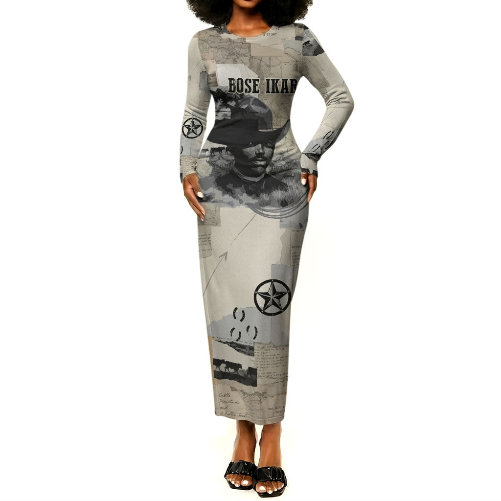 Bose Ikard Black Cowboy Long Sleeve Bodycon Dress Vintage Newspaper Collage Old West African American History Art