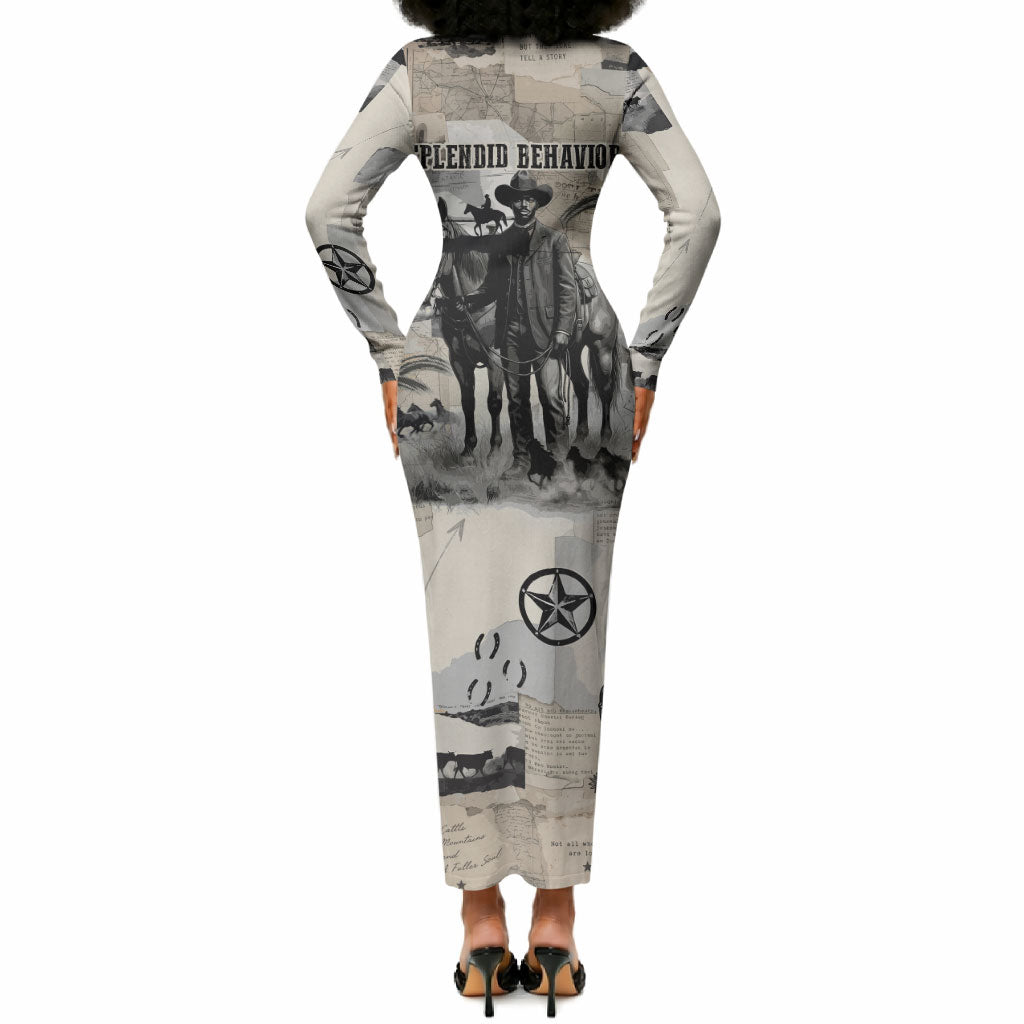 Bose Ikard Black Cowboy Long Sleeve Bodycon Dress Vintage Newspaper Collage Old West African American History Art