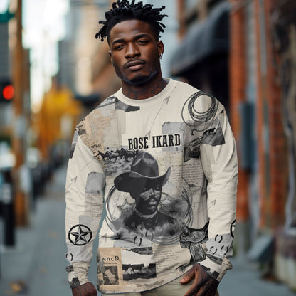 Bose Ikard Black Cowboy Long Sleeve Shirt Vintage Newspaper Collage Old West African American History Art