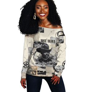 Bose Ikard Black Cowboy Off Shoulder Sweater Vintage Newspaper Collage Old West African American History Art
