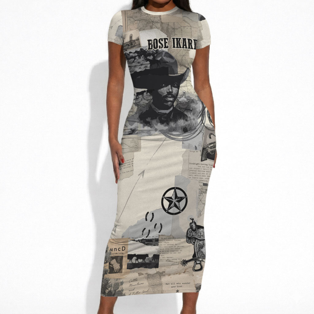 Bose Ikard Black Cowboy Short Sleeve Bodycon Dress Vintage Newspaper Collage Old West African American History Art