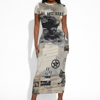 Bose Ikard Black Cowboy Short Sleeve Bodycon Dress Vintage Newspaper Collage Old West African American History Art