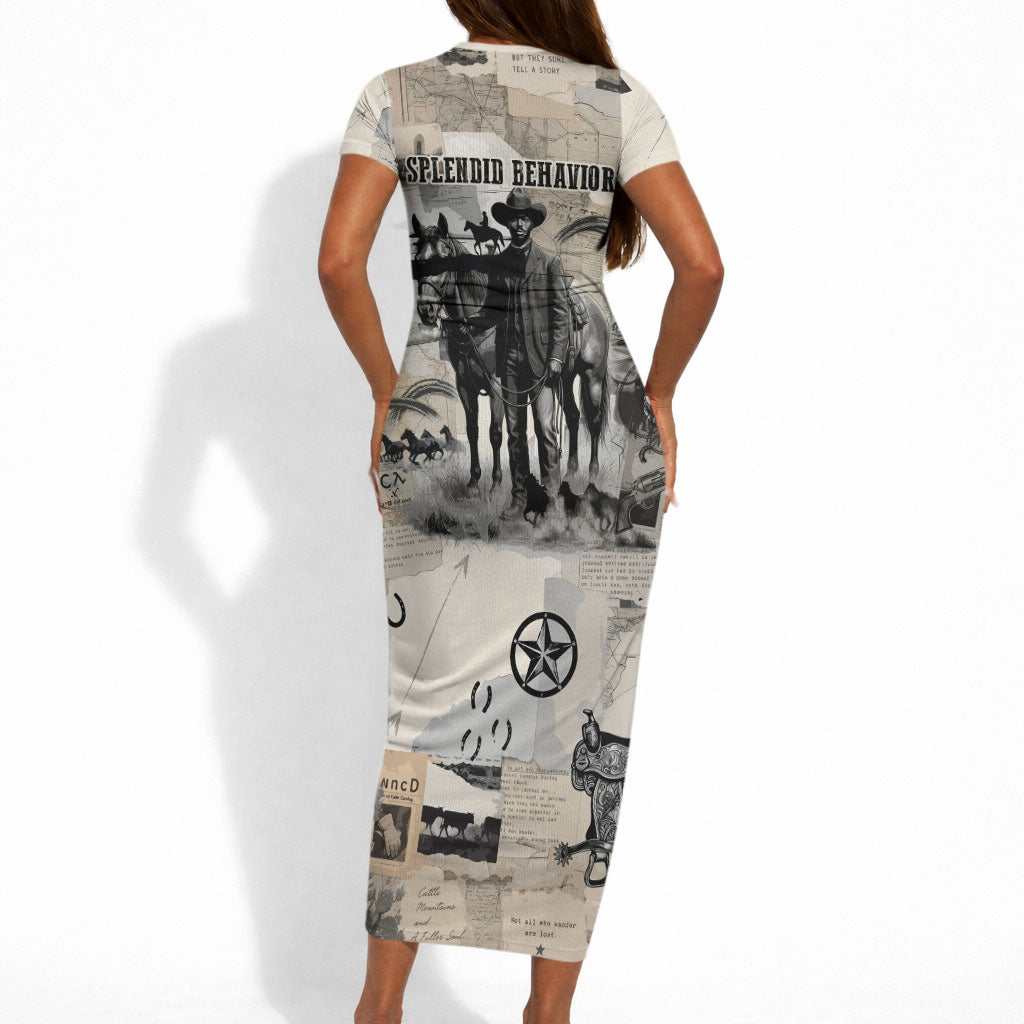 Bose Ikard Black Cowboy Short Sleeve Bodycon Dress Vintage Newspaper Collage Old West African American History Art