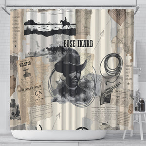 Bose Ikard Black Cowboy Shower Curtain Vintage Newspaper Collage Old West African American History Art