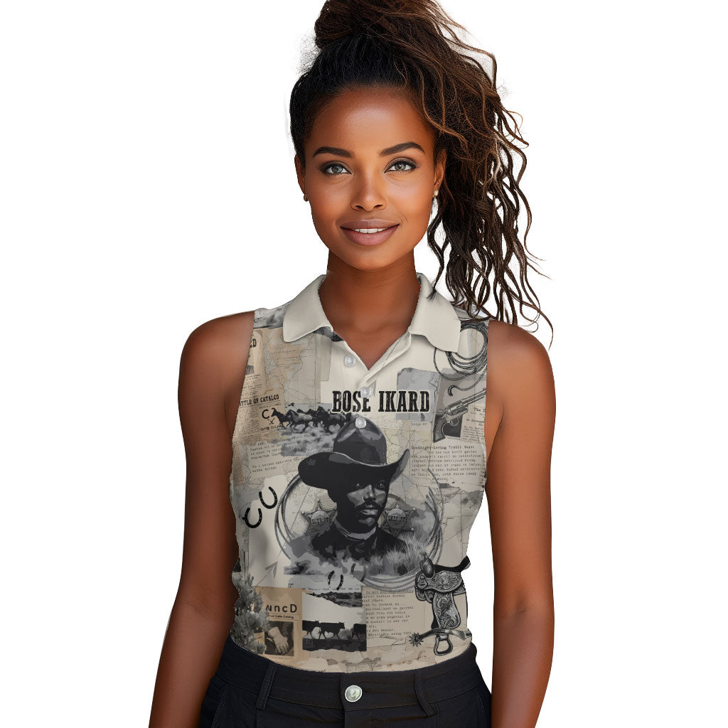 Bose Ikard Black Cowboy Women Sleeveless Polo Shirt Vintage Newspaper Collage Old West African American History Art