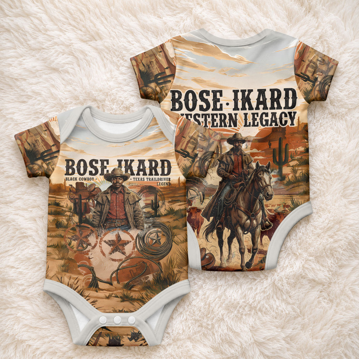 Bose Ikard Black Cowboy Texas Trail Driver Baby Onesie Vintage Western Desert Collage African American History Art