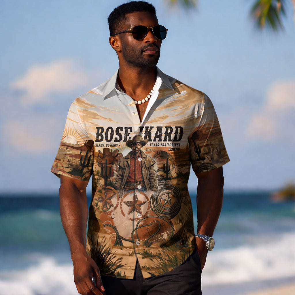 Bose Ikard Black Cowboy Texas Trail Driver Hawaiian Shirt Vintage Western Desert Collage African American History Art