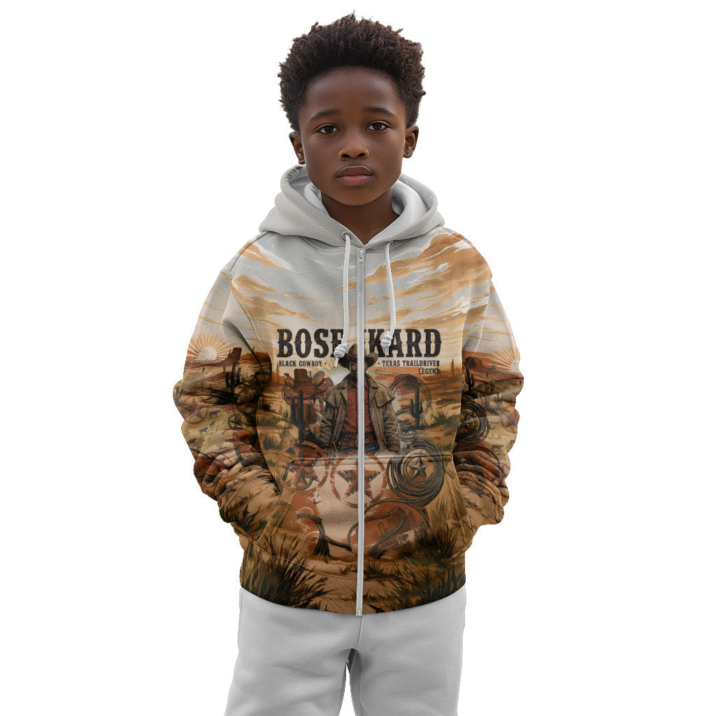 Bose Ikard Black Cowboy Texas Trail Driver Kid Hoodie Vintage Western Desert Collage African American History Art