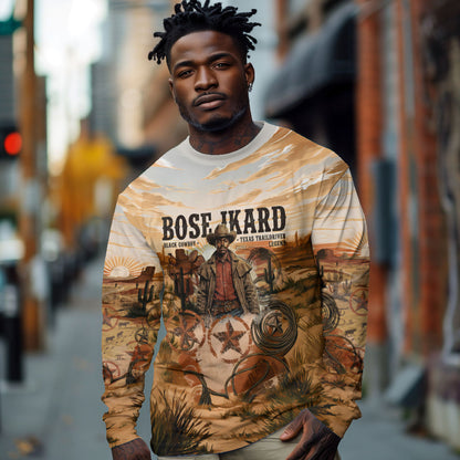Bose Ikard Black Cowboy Texas Trail Driver Long Sleeve Shirt Vintage Western Desert Collage African American History Art
