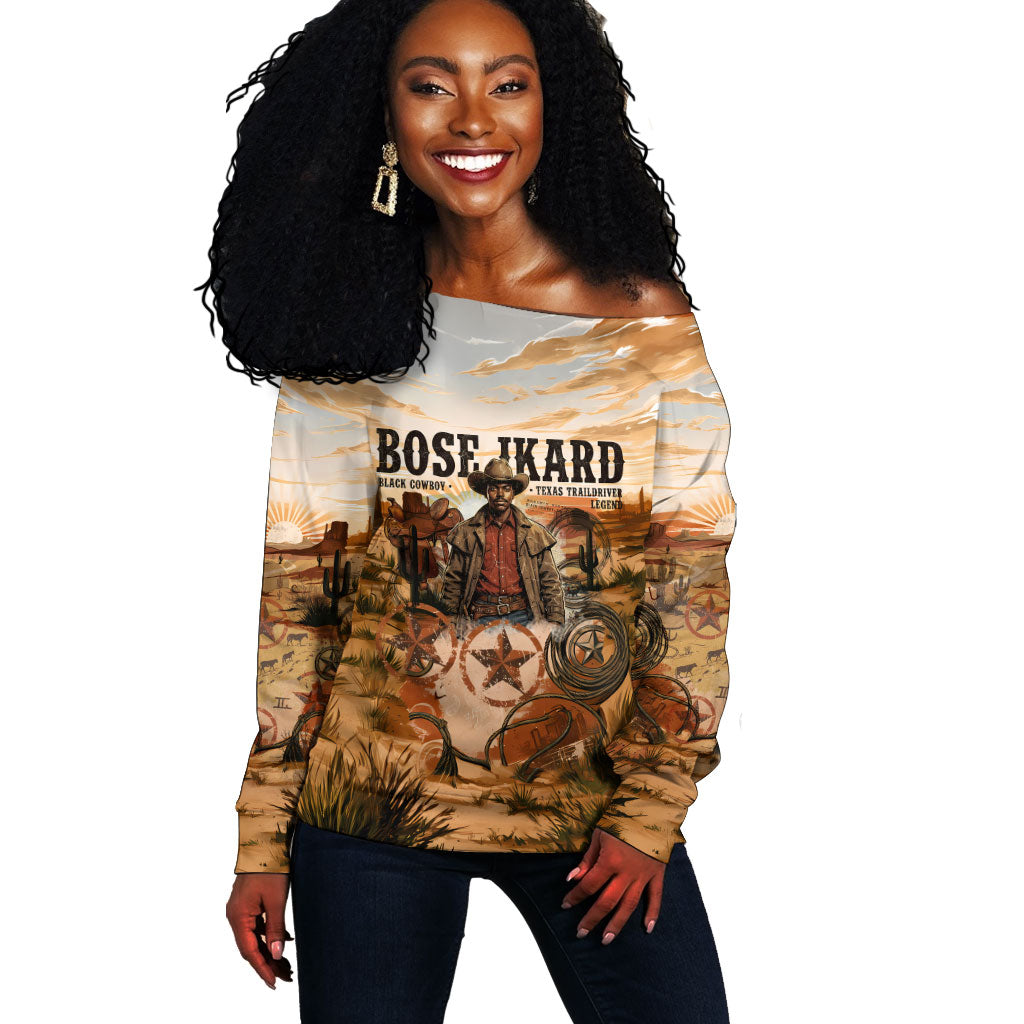 Bose Ikard Black Cowboy Texas Trail Driver Off Shoulder Sweater Vintage Western Desert Collage African American History Art