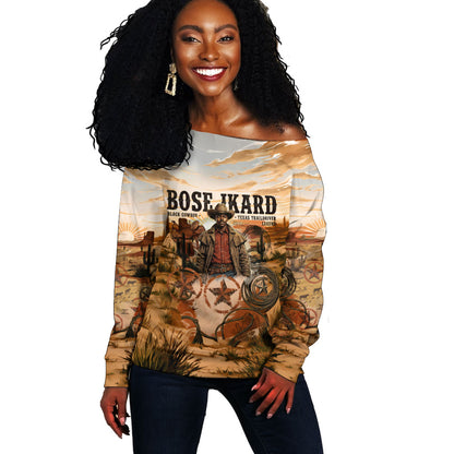 Bose Ikard Black Cowboy Texas Trail Driver Off Shoulder Sweater Vintage Western Desert Collage African American History Art
