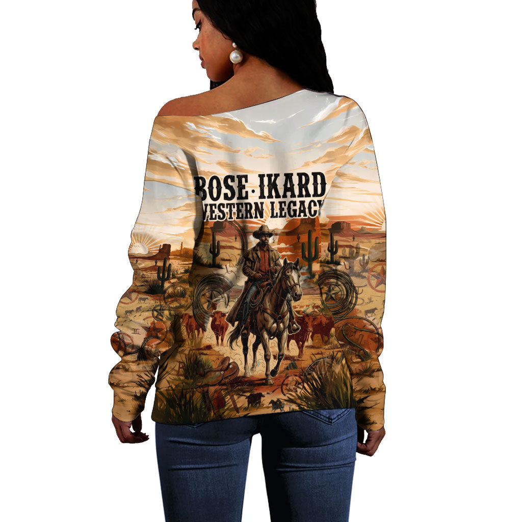 Bose Ikard Black Cowboy Texas Trail Driver Off Shoulder Sweater Vintage Western Desert Collage African American History Art