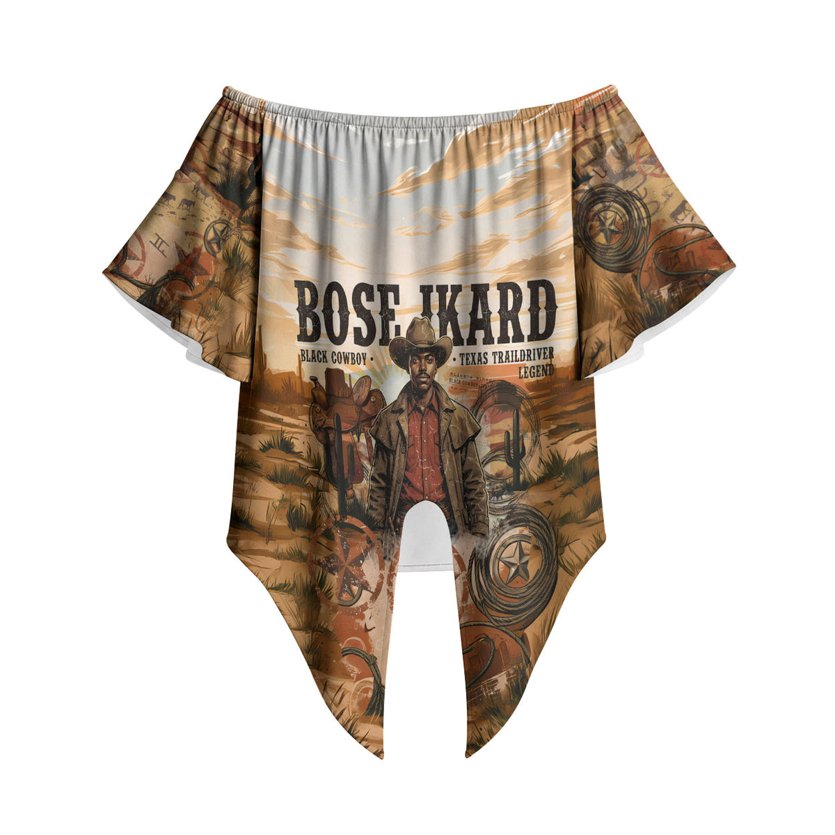 Bose Ikard Black Cowboy Texas Trail Driver Off Shoulder Wrap Waist Top Vintage Western Desert Collage African American History Art