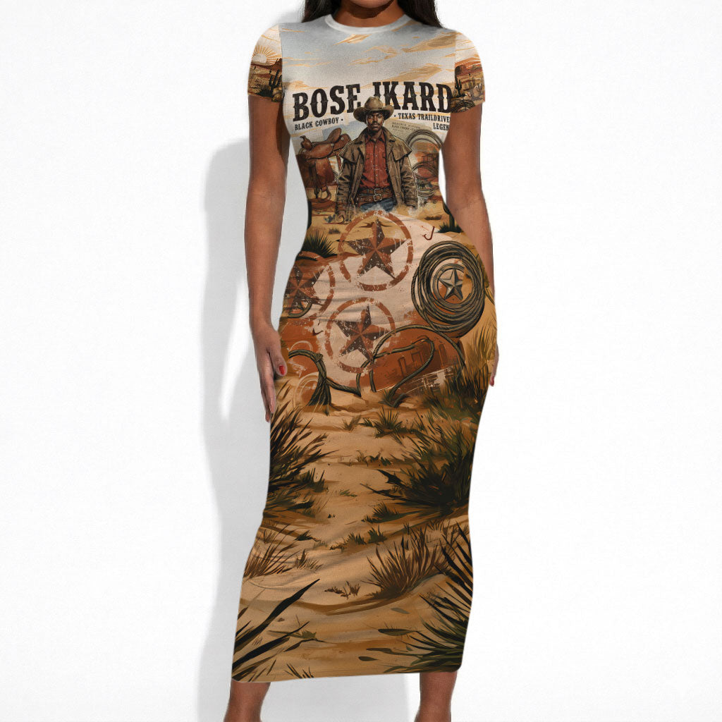 Bose Ikard Black Cowboy Texas Trail Driver Short Sleeve Bodycon Dress Vintage Western Desert Collage African American History Art