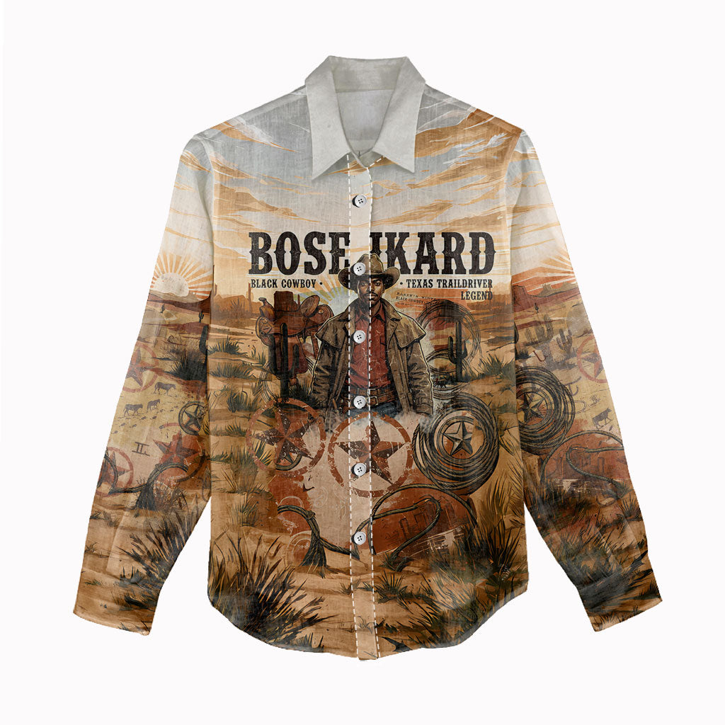 Bose Ikard Black Cowboy Texas Trail Driver Women Casual Shirt Vintage Western Desert Collage African American History Art