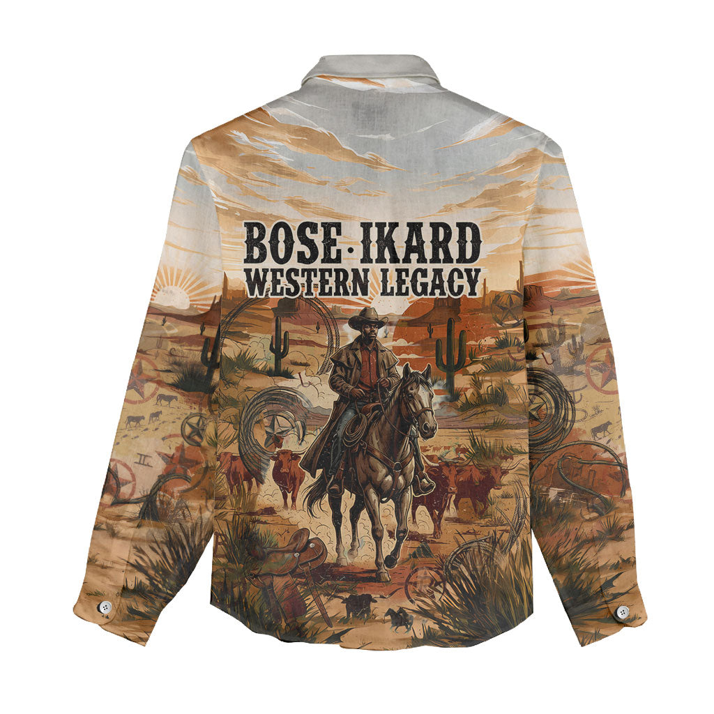 Bose Ikard Black Cowboy Texas Trail Driver Women Casual Shirt Vintage Western Desert Collage African American History Art