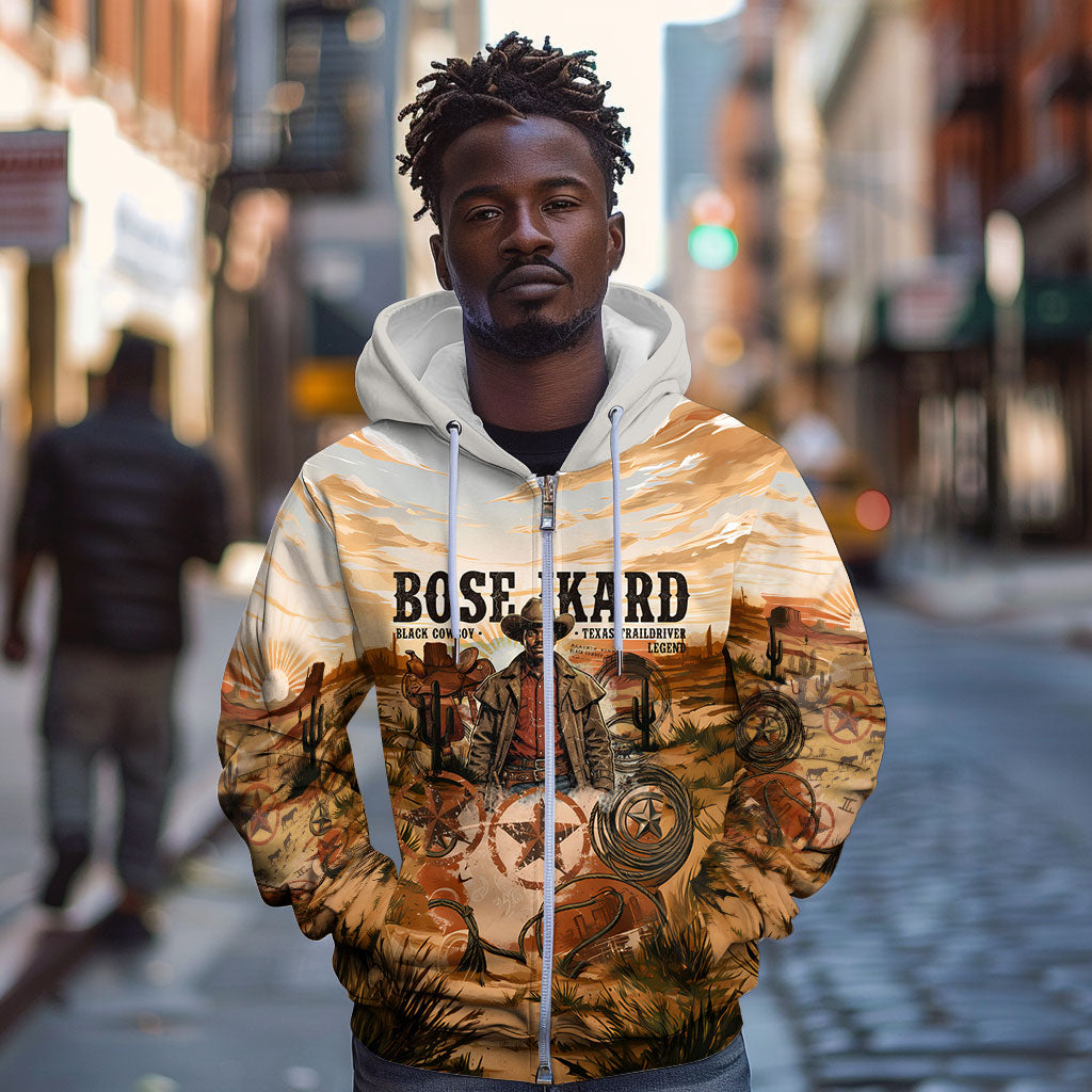 Bose Ikard Black Cowboy Texas Trail Driver Zip Hoodie Vintage Western Desert Collage African American History Art