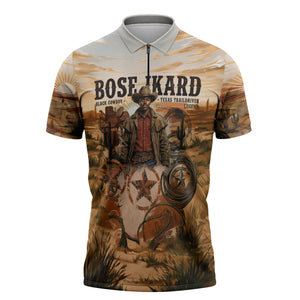Bose Ikard Black Cowboy Texas Trail Driver Zipper Polo Shirt Vintage Western Desert Collage African American History Art