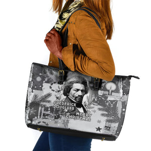Frederick Douglass Christmas Leather Tote Bag Vintage Portrait Vintage Newspaper Collage Liberty Bell