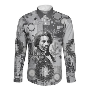 Frederick Douglass Christmas Long Sleeve Button Shirt Vintage Portrait Vintage Newspaper Collage Liberty Bell