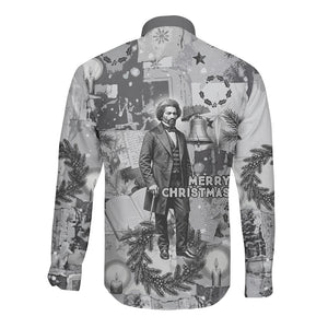 Frederick Douglass Christmas Long Sleeve Button Shirt Vintage Portrait Vintage Newspaper Collage Liberty Bell