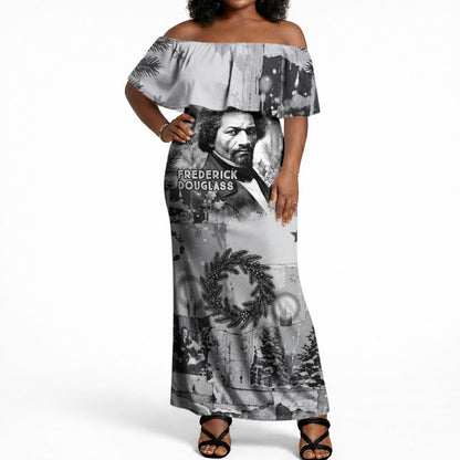 Frederick Douglass Christmas Off Shoulder Maxi Dress Vintage Portrait Vintage Newspaper Collage Liberty Bell