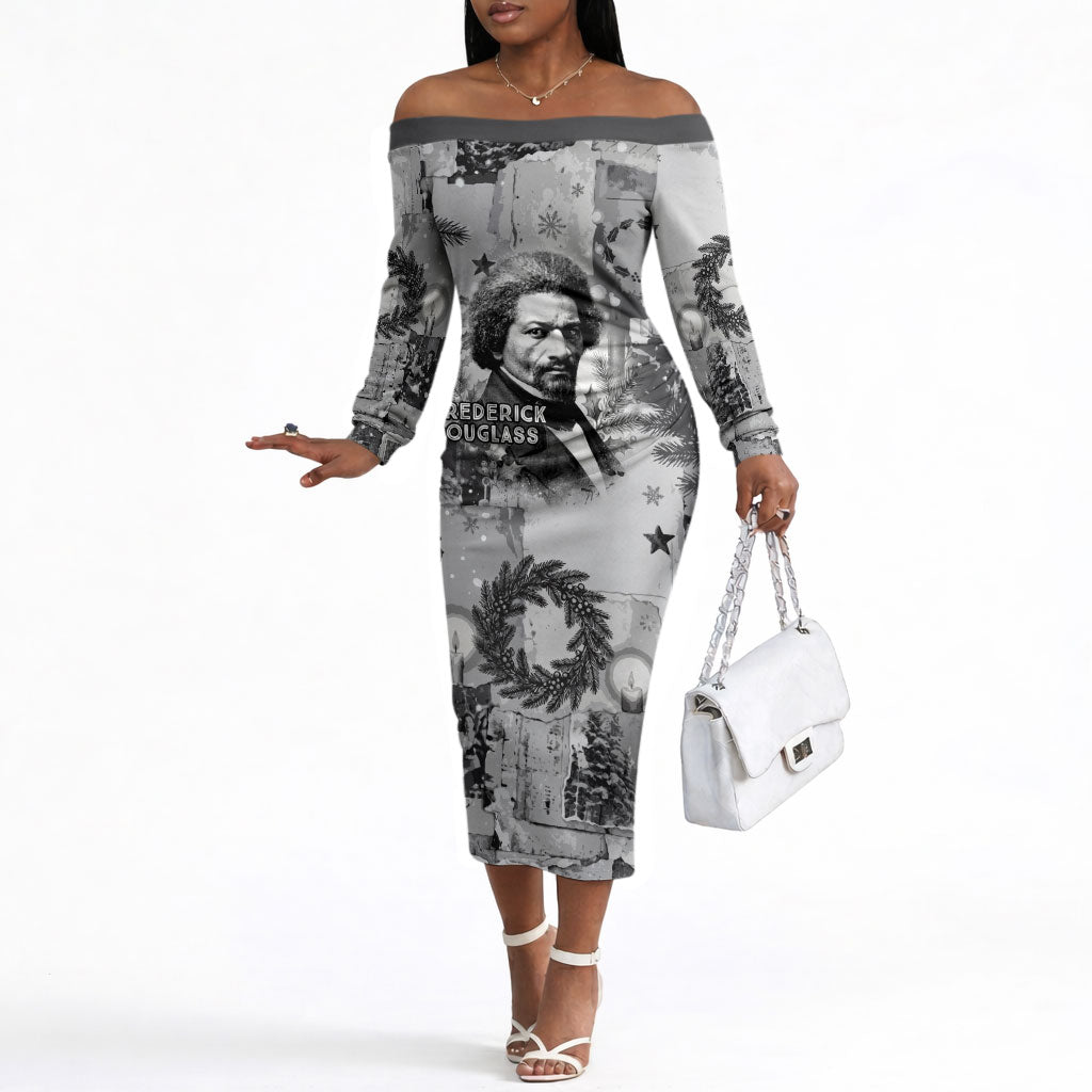 Frederick Douglass Christmas Off The Shoulder Long Sleeve Dress Vintage Portrait Vintage Newspaper Collage Liberty Bell