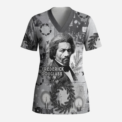 Frederick Douglass Christmas Scrub Top Vintage Portrait Vintage Newspaper Collage Liberty Bell
