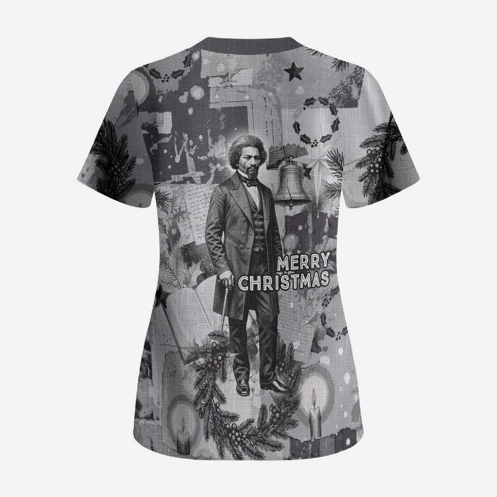 Frederick Douglass Christmas Scrub Top Vintage Portrait Vintage Newspaper Collage Liberty Bell