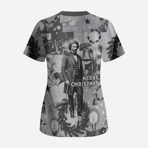 Frederick Douglass Christmas Scrub Top Vintage Portrait Vintage Newspaper Collage Liberty Bell