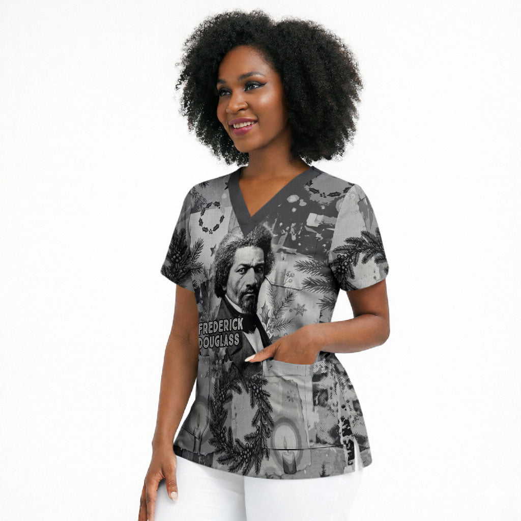 Frederick Douglass Christmas Scrub Top Vintage Portrait Vintage Newspaper Collage Liberty Bell