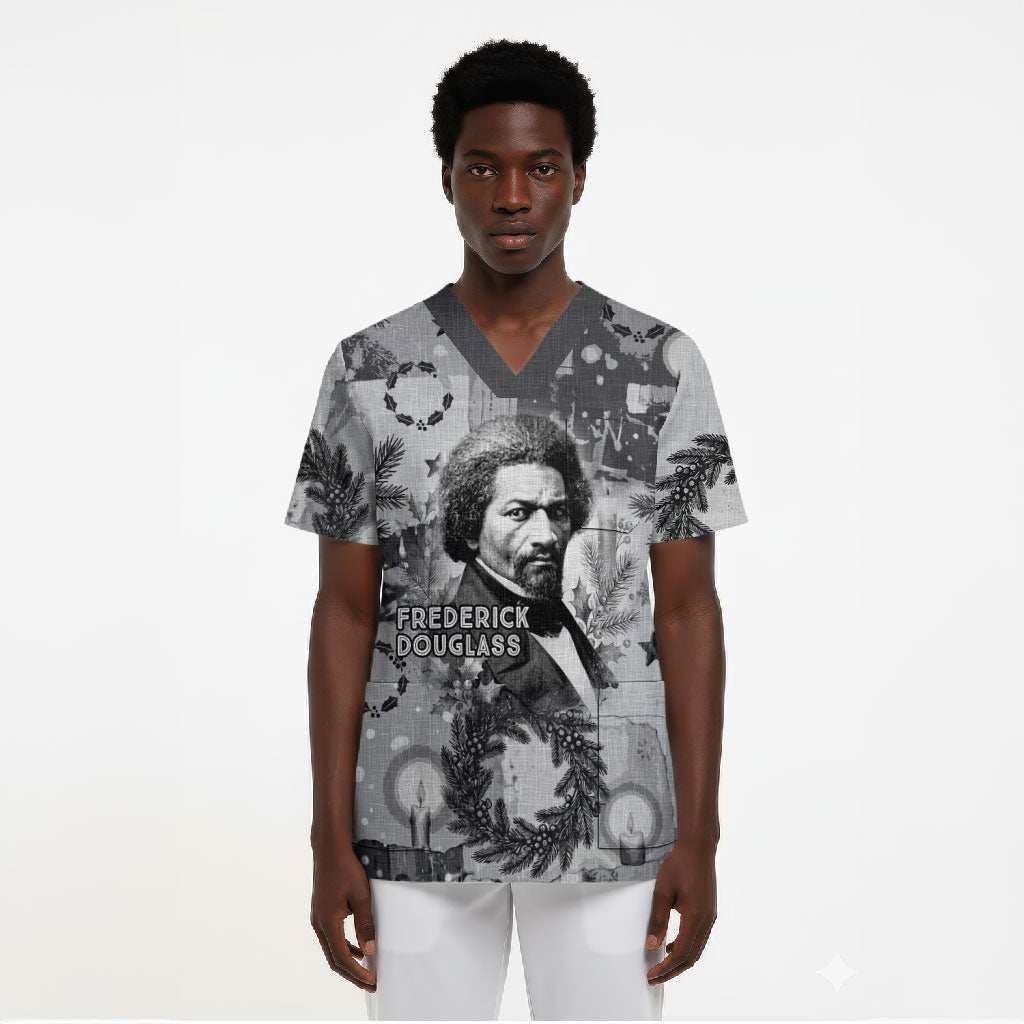 Frederick Douglass Christmas Scrub Top Vintage Portrait Vintage Newspaper Collage Liberty Bell