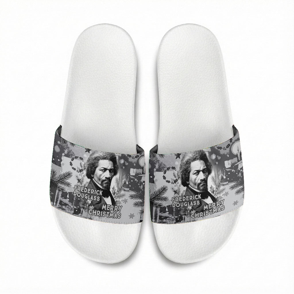 Frederick Douglass Christmas Slide Sandals Vintage Portrait Vintage Newspaper Collage Liberty Bell