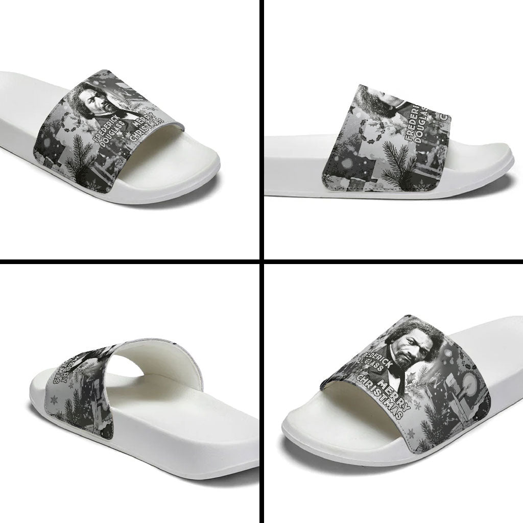 Frederick Douglass Christmas Slide Sandals Vintage Portrait Vintage Newspaper Collage Liberty Bell