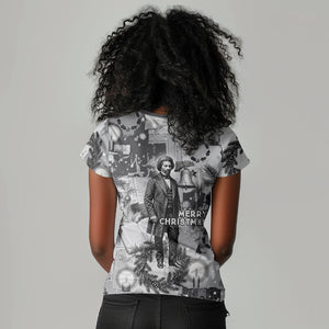 Frederick Douglass Christmas Women V-Neck T-Shirt Vintage Portrait Vintage Newspaper Collage Liberty Bell