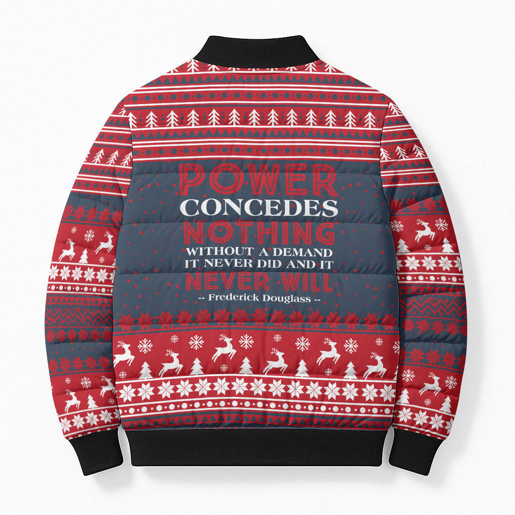 Frederick Douglass Christmas Bomber Puffer Jacket Power Concedes Nothing Quote Ugly Sweater Knitted Pattern
