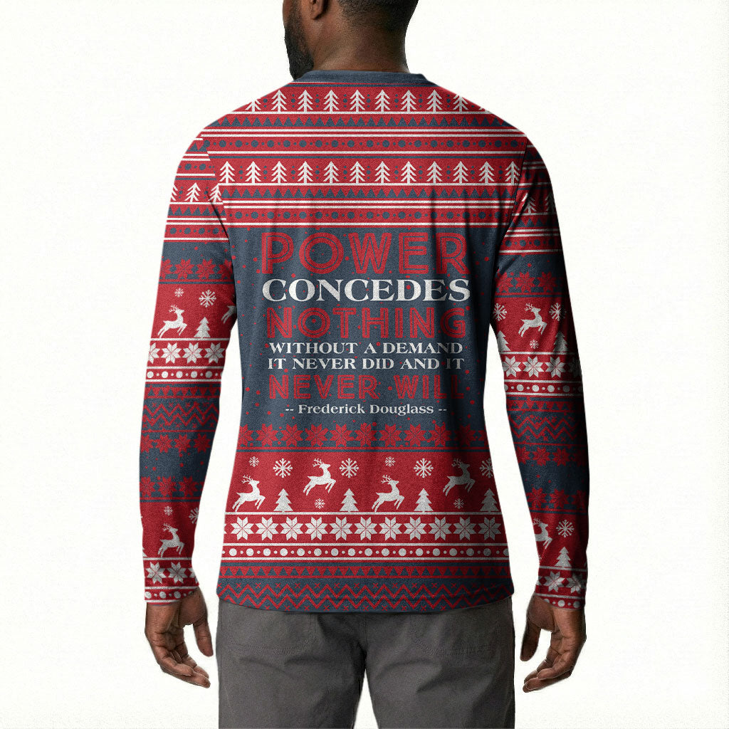 Frederick Douglass Christmas Button Sweatshirt Power Concedes Nothing Quote Ugly Sweater Knitted Pattern
