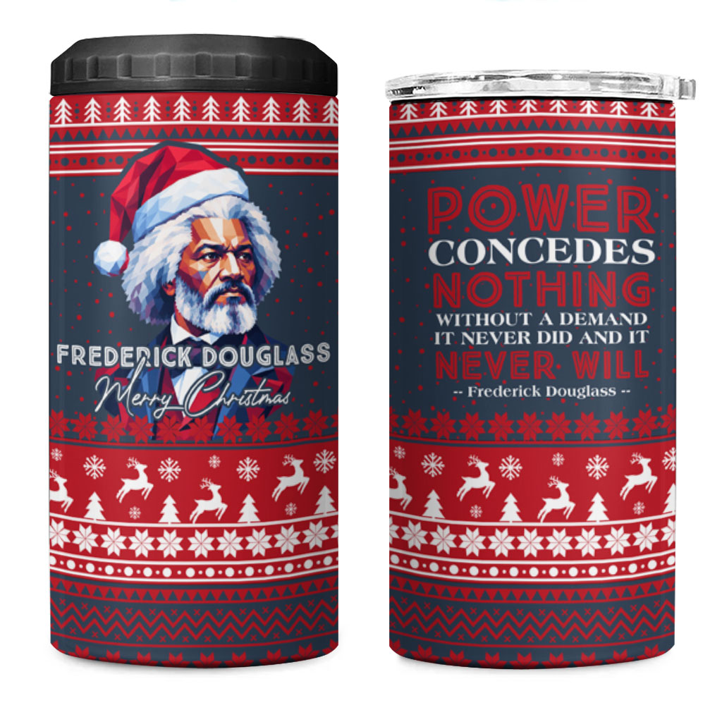 Frederick Douglass Christmas 4 in 1 Can Cooler Tumbler Power Concedes Nothing Quote Ugly Sweater Knitted Pattern