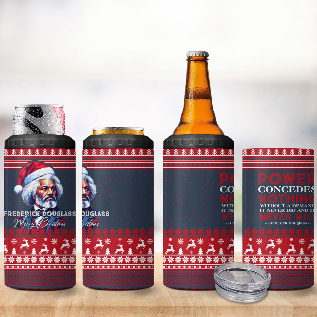 Frederick Douglass Christmas 4 in 1 Can Cooler Tumbler Power Concedes Nothing Quote Ugly Sweater Knitted Pattern