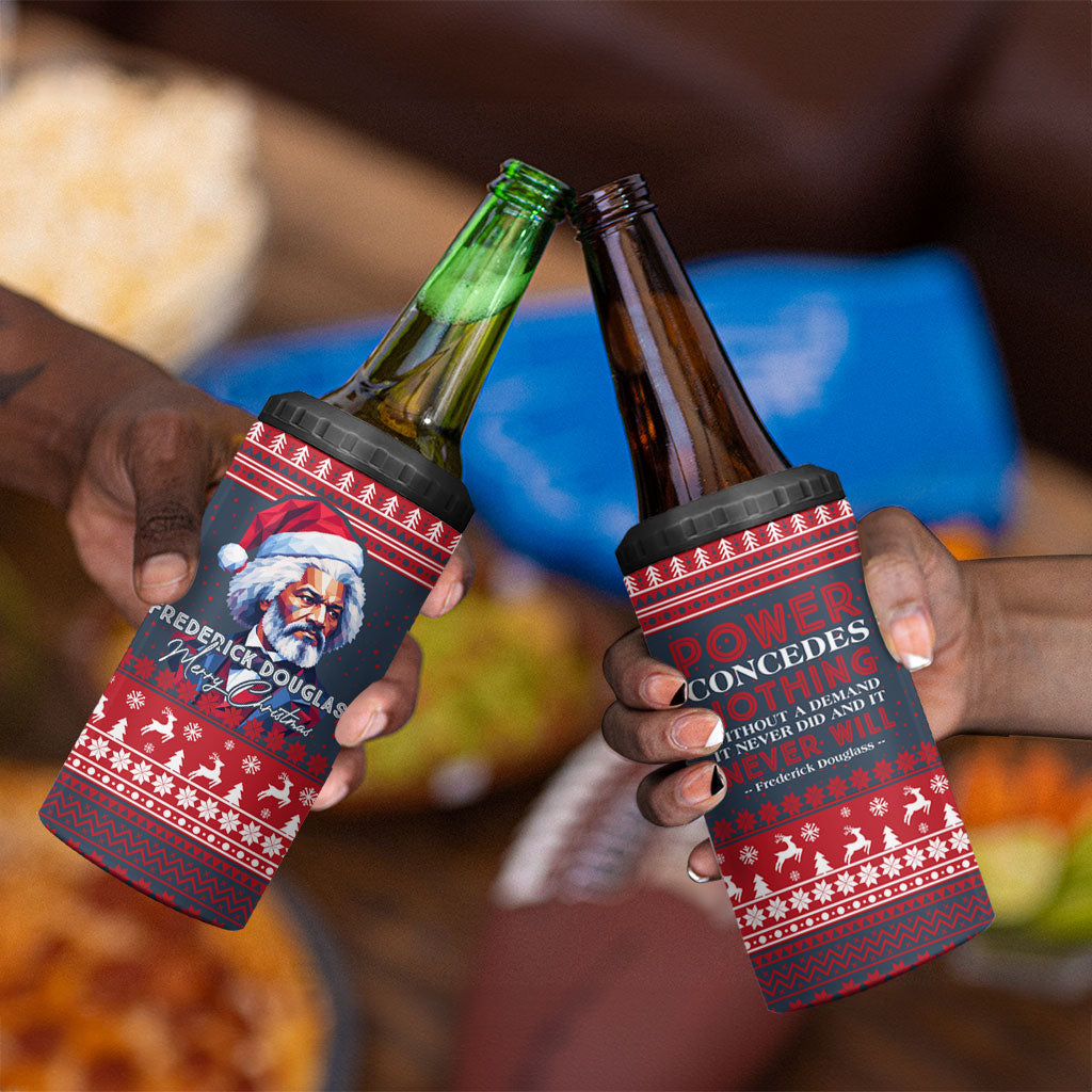 Frederick Douglass Christmas 4 in 1 Can Cooler Tumbler Power Concedes Nothing Quote Ugly Sweater Knitted Pattern