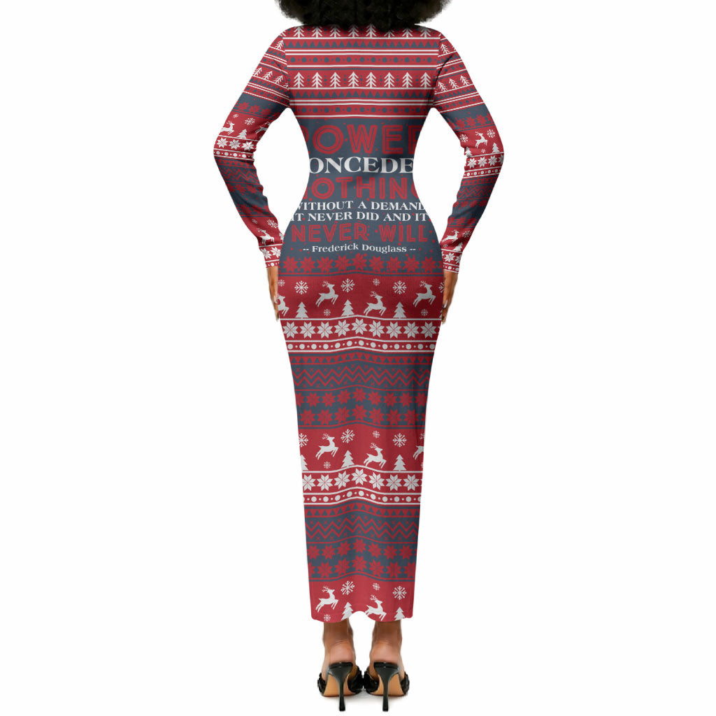 Frederick Douglass Christmas Long Sleeve Bodycon Dress Power Concedes Nothing Quote Ugly Sweater Knitted Pattern