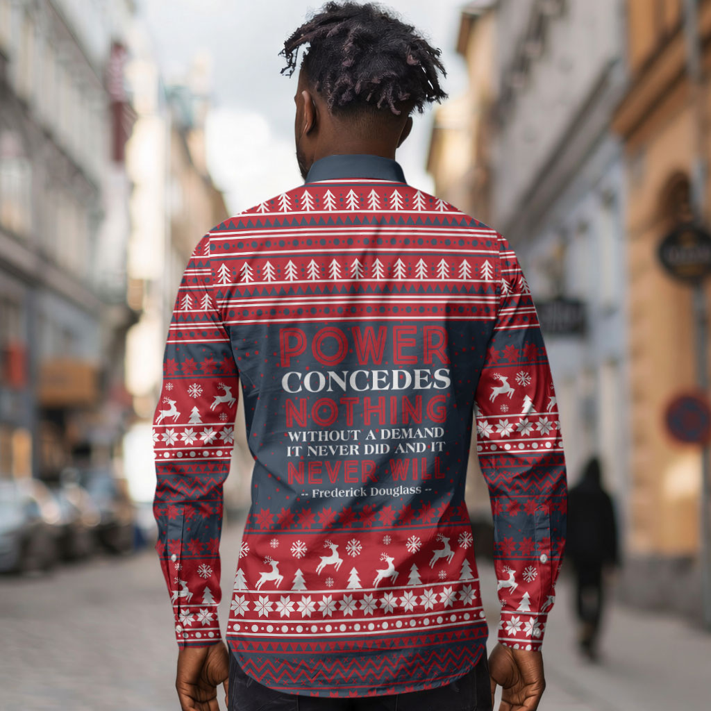 Frederick Douglass Christmas Long Sleeve Button Shirt Power Concedes Nothing Quote Ugly Sweater Knitted Pattern