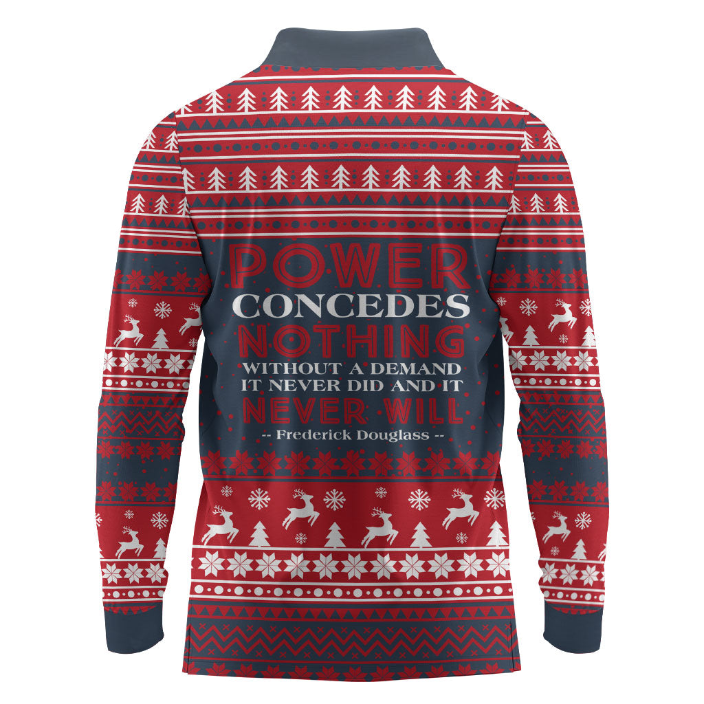 Frederick Douglass Christmas Long Sleeve Polo Shirt Power Concedes Nothing Quote Ugly Sweater Knitted Pattern