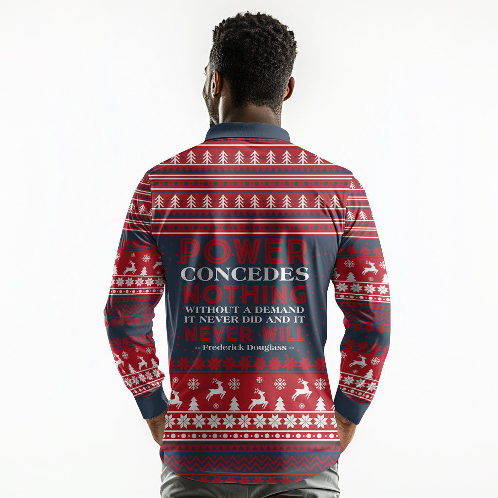 Frederick Douglass Christmas Long Sleeve Polo Shirt Power Concedes Nothing Quote Ugly Sweater Knitted Pattern