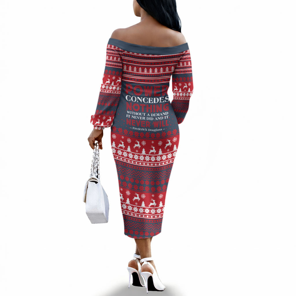 Frederick Douglass Christmas Off The Shoulder Long Sleeve Dress Power Concedes Nothing Quote Ugly Sweater Knitted Pattern