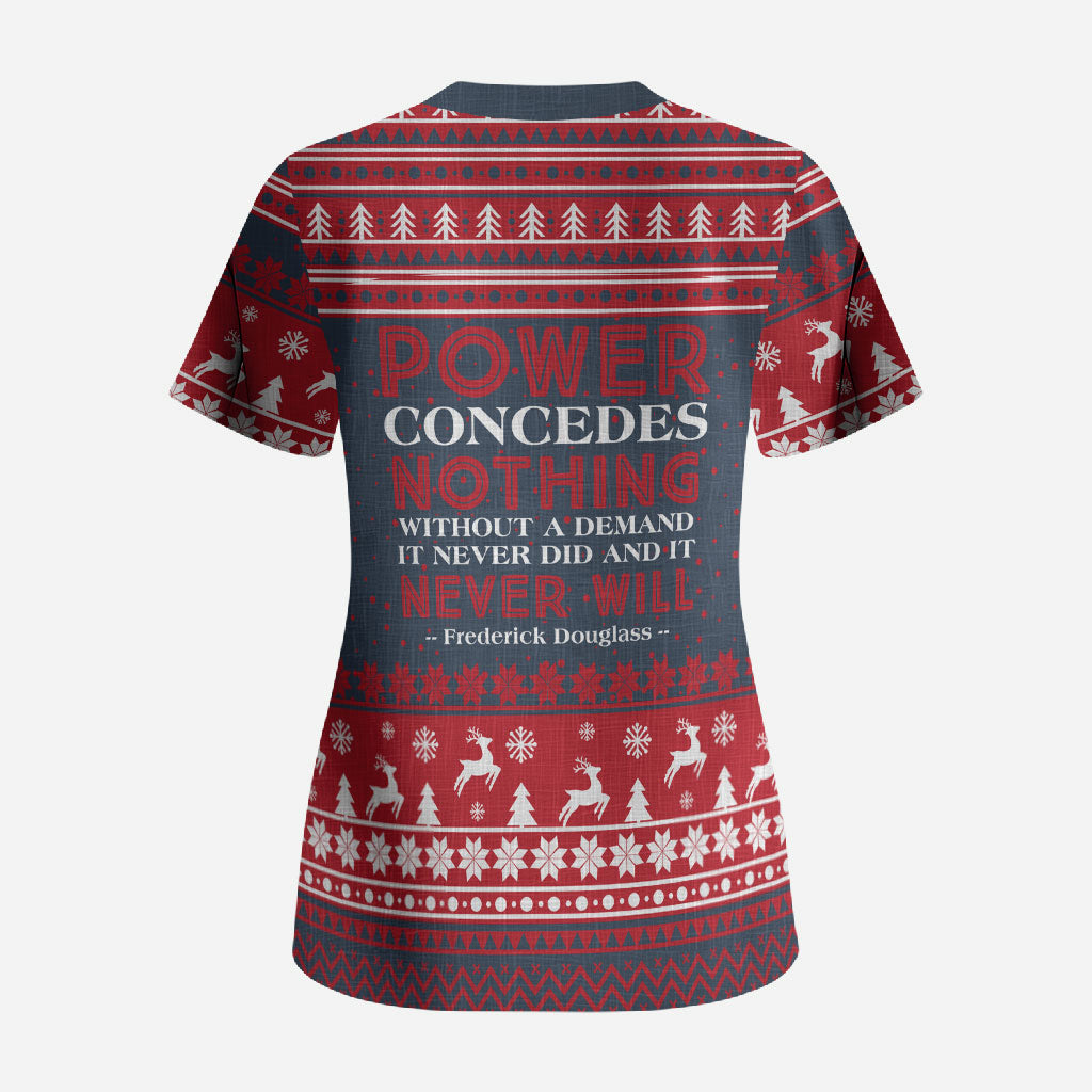 Frederick Douglass Christmas Scrub Top Power Concedes Nothing Quote Ugly Sweater Knitted Pattern